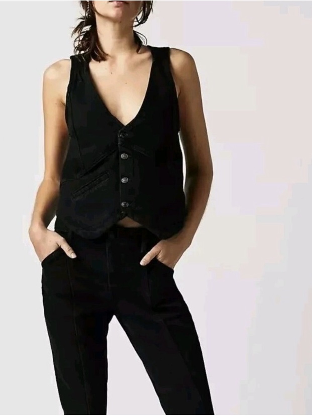 Free People Black Denim Button Vest
